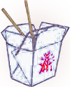 a chinese takeout container with chopsticks emerging