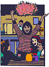 illustration of a group of girls at a lunch ounter, one is standing up shaking a pom-pom