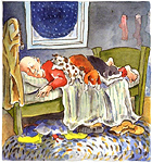 colored illustration of an old man in bed draped with three dogs