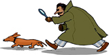 a daschund walking followed by a man in an over coat holding a magnifying glass